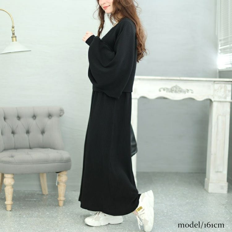 大きいサイズ レディース ボリュームスリーブニット＆リブワンピース2点セット　jps028