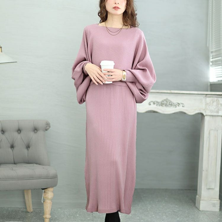 大きいサイズ レディース ボリュームスリーブニット＆リブワンピース2点セット　jps028