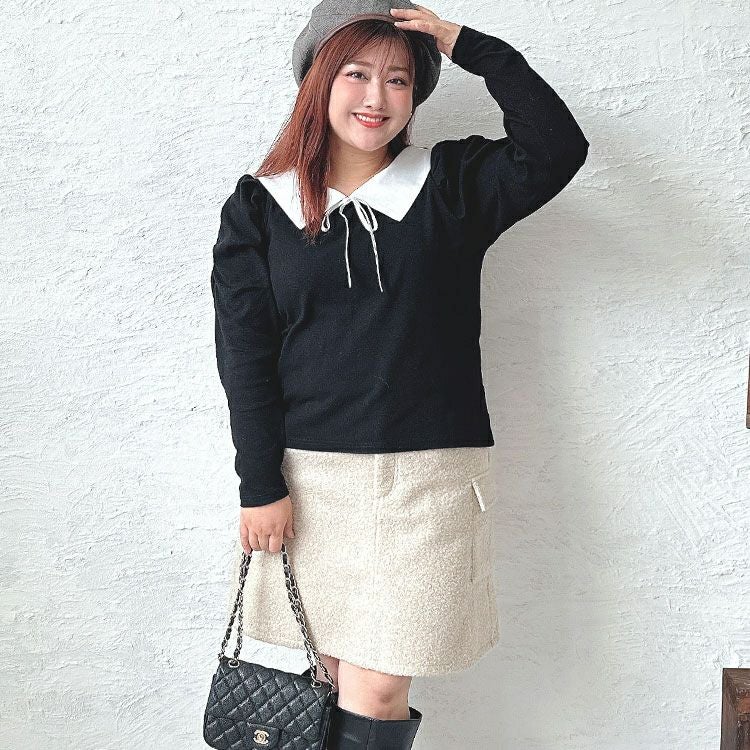 大きいサイズ レディース 襟＆リボン配色パワショルリブトップス　jps029 【ゆうパケット可】