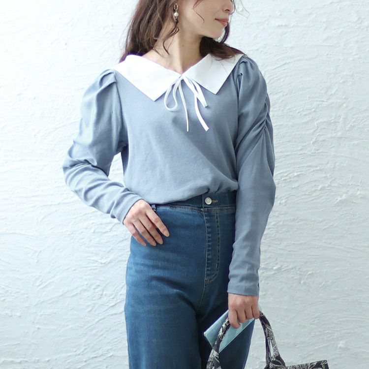 大きいサイズ レディース 襟＆リボン配色パワショルリブトップス　jps029 【ゆうパケット可】