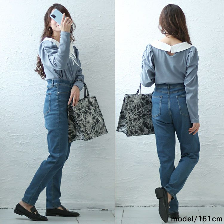 大きいサイズ レディース 襟＆リボン配色パワショルリブトップス　jps029 【ゆうパケット可】