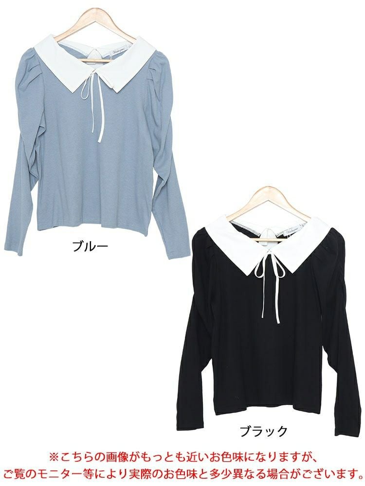 大きいサイズ レディース 襟＆リボン配色パワショルリブトップス　jps029 【ゆうパケット可】