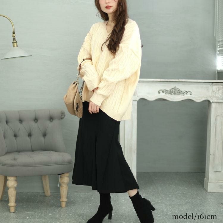 大きいサイズ レディース ケーブルニット＆マーメイドスカート2点セット　jp495 オフ×ブラック