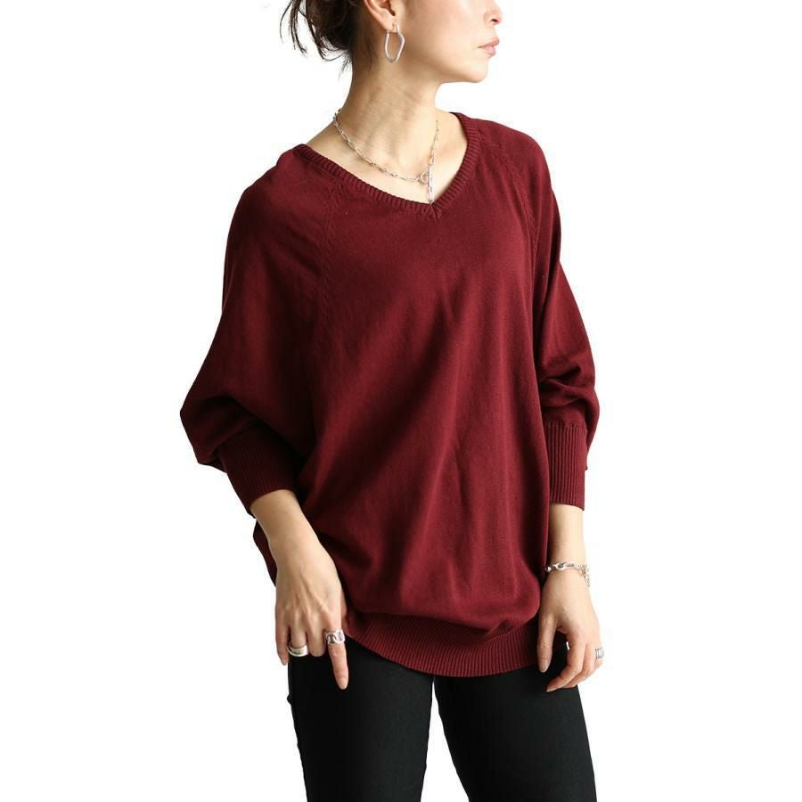 大きいサイズ レディース Ｖネックドルマンニット　wn-0002 バーガンディ