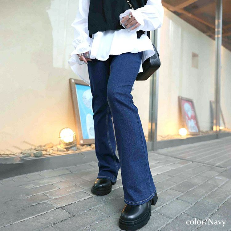 大きいサイズ レディース ストレッチデニムフレアパンツ　tkb-141564107