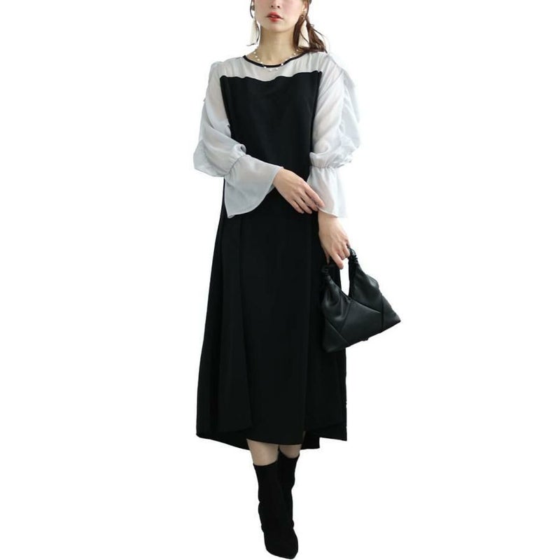 大きいサイズ レディース 袖フリルドッキングワンピース　fem-448 ブラック