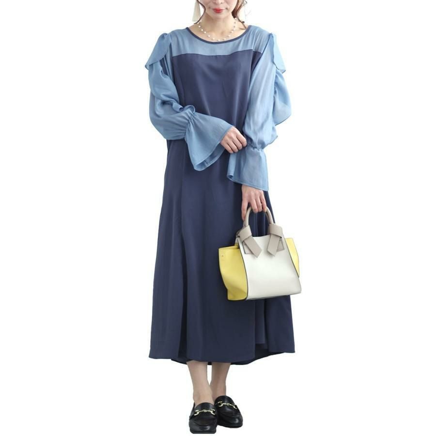 大きいサイズ レディース 袖フリルドッキングワンピース　fem-448 ブルーグレー