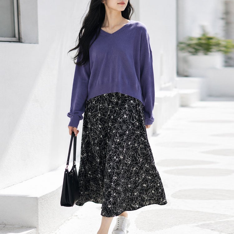 大きいサイズ レディース ニット＆花柄ドッキングワンピースセット　fem-438