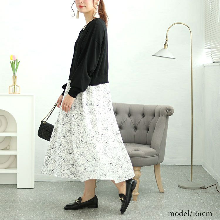 大きいサイズ レディース ニット＆花柄ドッキングワンピースセット　fem-438