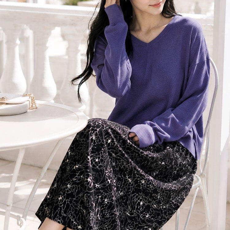 大きいサイズ レディース ニット＆花柄ドッキングワンピースセット　fem-438