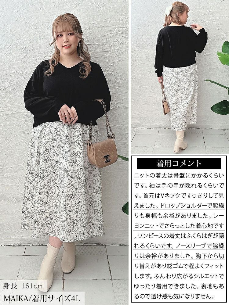 大きいサイズ レディース ニット＆花柄ドッキングワンピースセット　fem-438