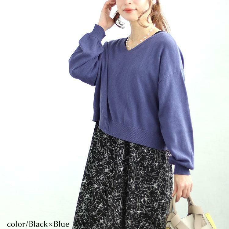 大きいサイズ レディース ニット＆花柄ドッキングワンピースセット　fem-438 ブラック×ブルー