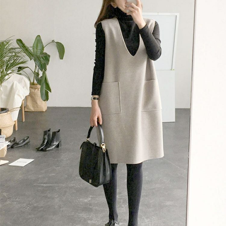 大きいサイズ レディース タートルネックトップス＆ジャンパースカートセット　goldy-1424