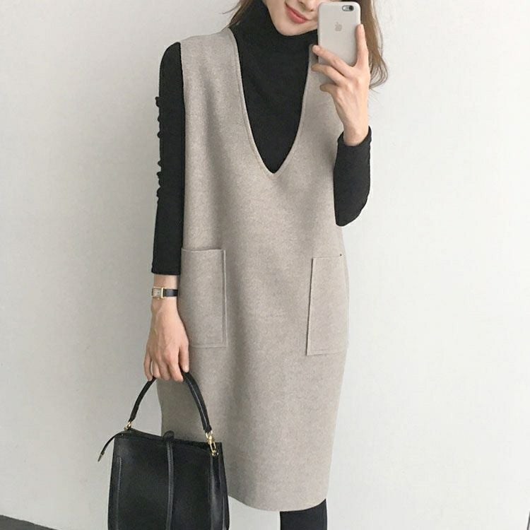 大きいサイズ レディース タートルネックトップス＆ジャンパースカートセット　goldy-1424