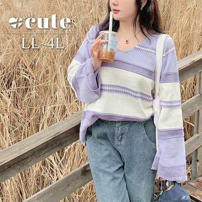 大きいサイズ レディース フレア袖ランダムボーダーニット　goldy-1412