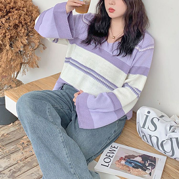 大きいサイズ レディース フレア袖ランダムボーダーニット　goldy-1412