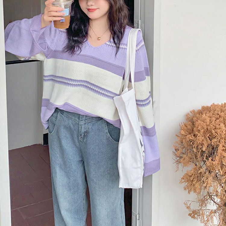 大きいサイズ レディース フレア袖ランダムボーダーニット　goldy-1412