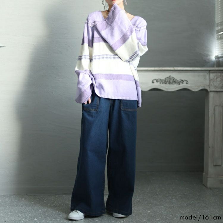 大きいサイズ レディース フレア袖ランダムボーダーニット　goldy-1412
