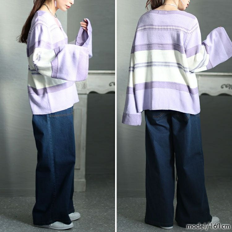 大きいサイズ レディース フレア袖ランダムボーダーニット　goldy-1412