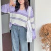 大きいサイズ レディース フレア袖ランダムボーダーニット　goldy-1412 パープル