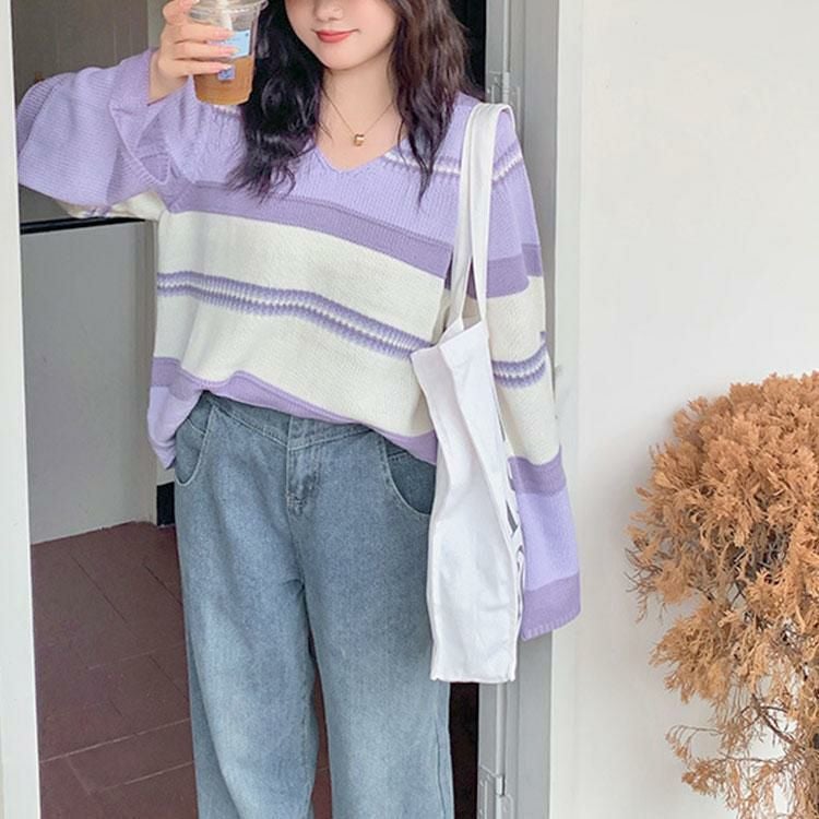 大きいサイズ レディース フレア袖ランダムボーダーニット　goldy-1412 パープル