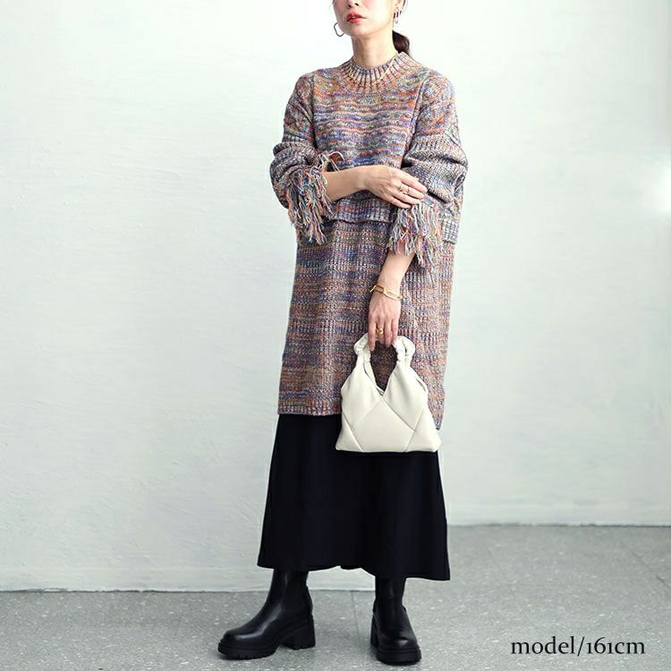 大きいサイズ レディース フリンジ袖メランジチュニックニット　sw-0594