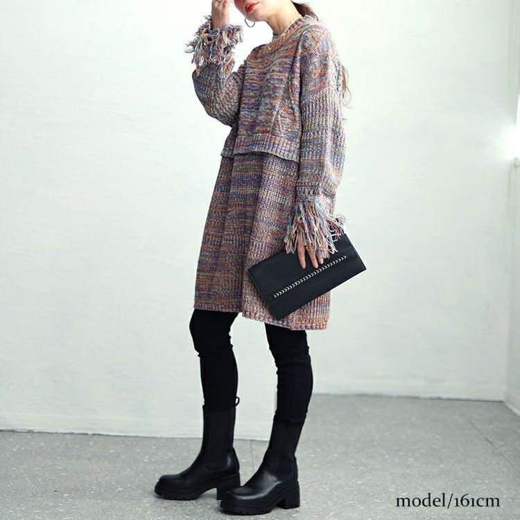 大きいサイズ レディース フリンジ袖メランジチュニックニット　sw-0594