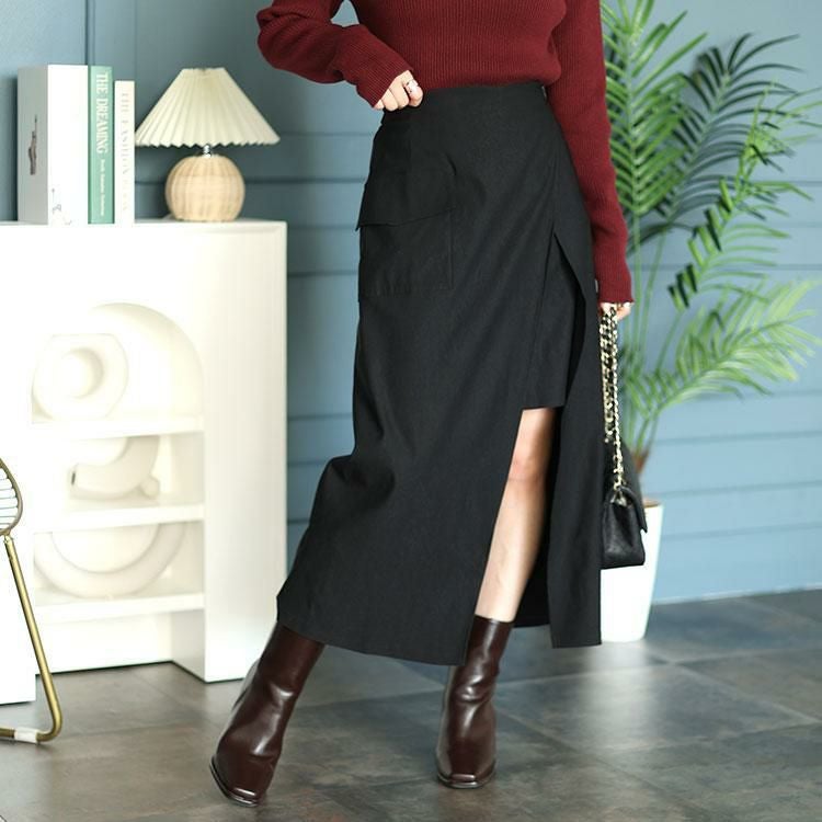 大きいサイズ レディース アシメレイヤードロングスカート　fem-449 ブラック