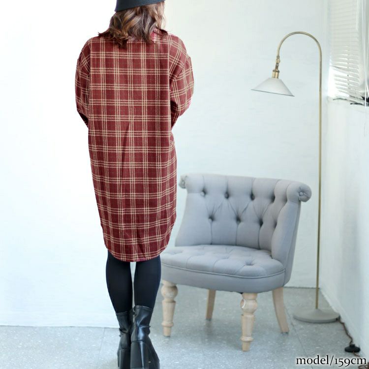 大きいサイズ レディース チェック柄ボウタイロングシャツ　sn-00015