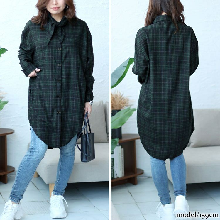 大きいサイズ レディース チェック柄ボウタイロングシャツ　sn-00015