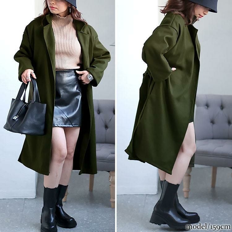 大きいサイズ レディース ベルト付きボタンレスコート　sn-00012 カーキ