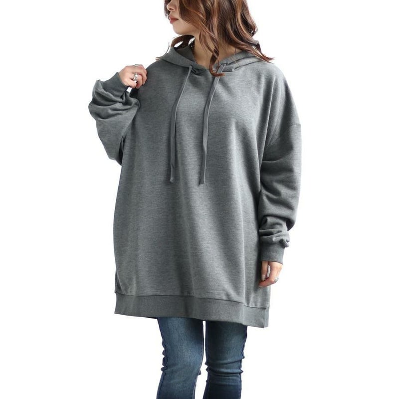 大きいサイズ レディース ビッグシルエットロングパーカー　fem-445 杢グレー