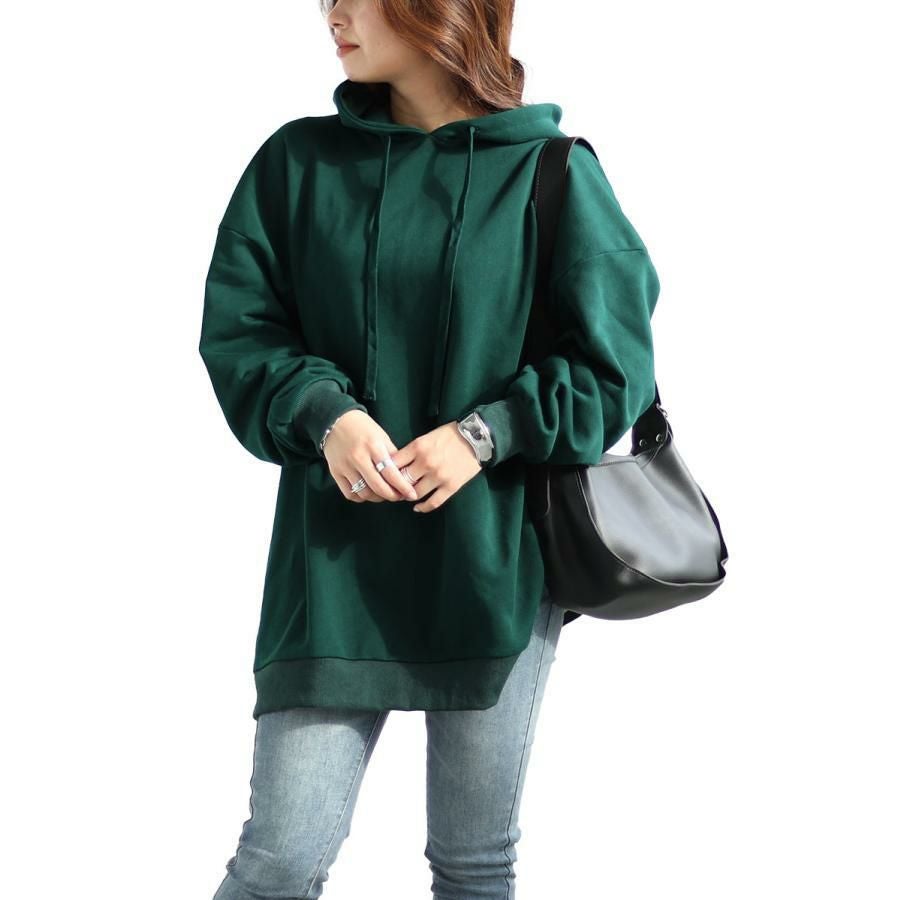大きいサイズ レディース ビッグシルエットロングパーカー　fem-445 グリーン