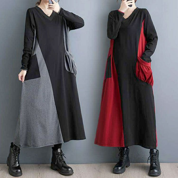 大きいサイズ レディース Vネックバイカラーワンピース　goldy-1430