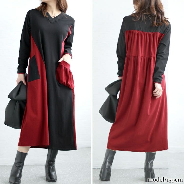 大きいサイズ レディース Vネックバイカラーワンピース　goldy-1430