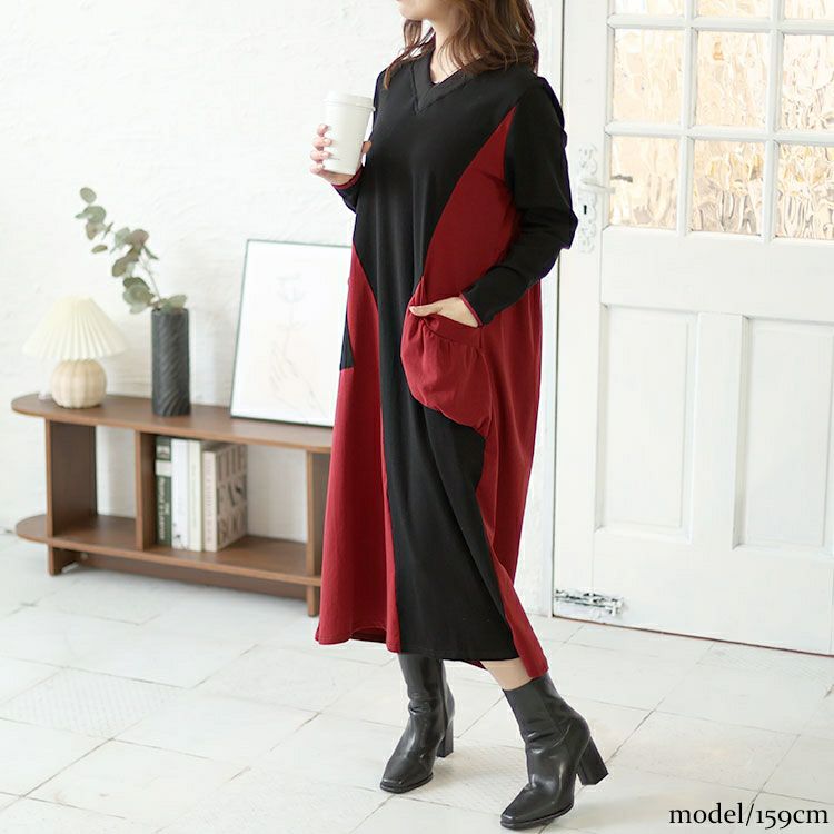 大きいサイズ レディース Vネックバイカラーワンピース　goldy-1430