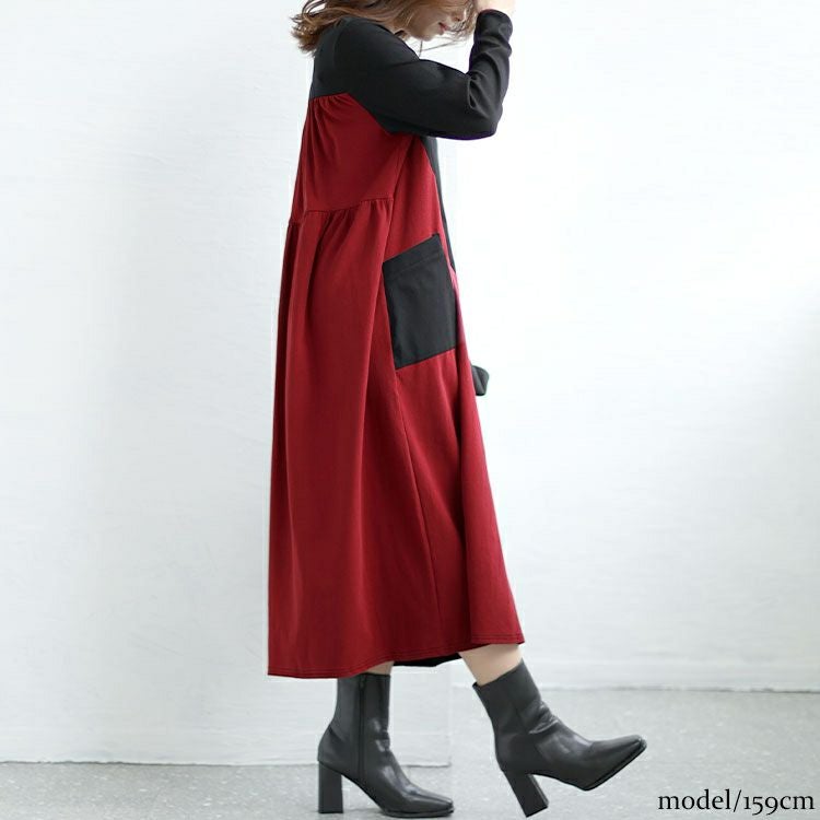 大きいサイズ レディース Vネックバイカラーワンピース　goldy-1430