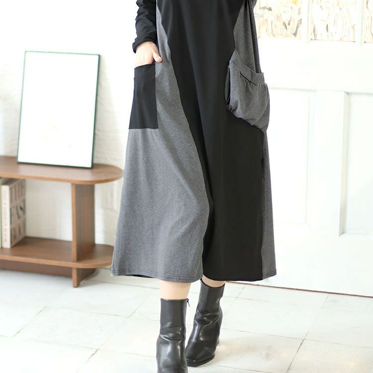 大きいサイズ レディース Vネックバイカラーワンピース　goldy-1430