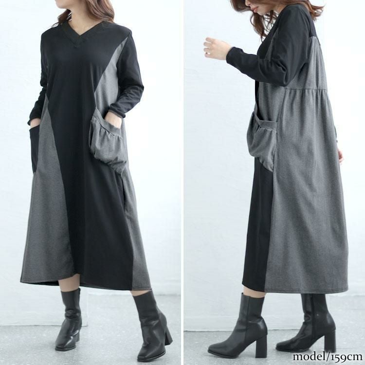 大きいサイズ レディース Vネックバイカラーワンピース　goldy-1430 グレー