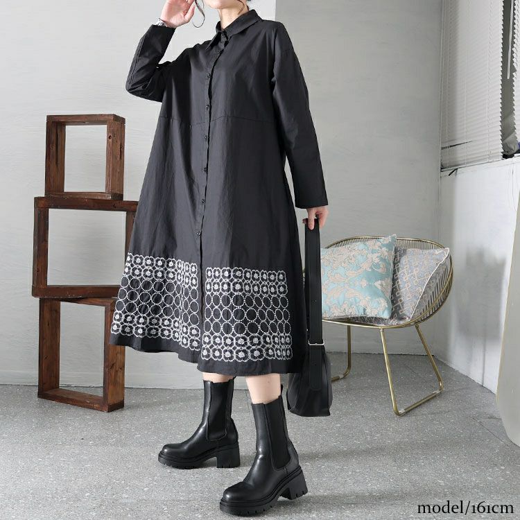 大きいサイズ レディース 刺繍柄切替えシャツワンピース　goldy-1429 【メール便可】