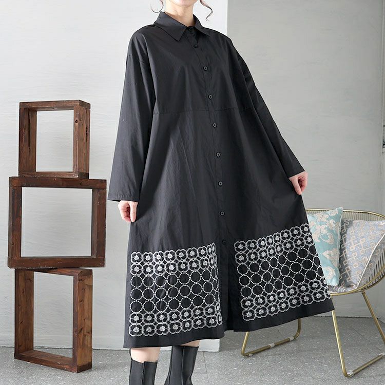 大きいサイズ レディース 刺繍柄切替えシャツワンピース　goldy-1429 【メール便可】