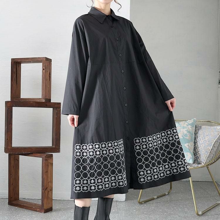 大きいサイズ レディース 刺繍柄切替えシャツワンピース　goldy-1429 【メール便可】 ブラック