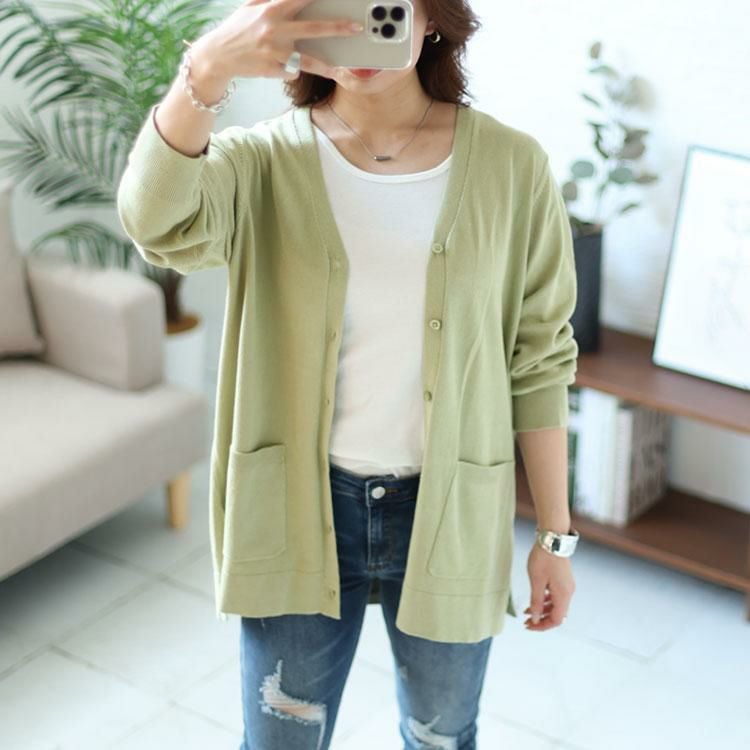 大きいサイズ レディース サイドスリットVネックニットカーディガン　cpdai-640354 グリーン