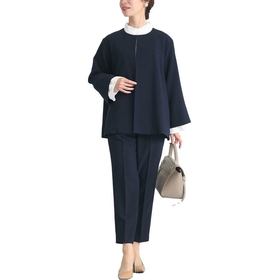 大きいサイズ レディース ノーカラージャケット＆フリルブラウス＆テーパードパンツスーツ3点セット　mnst-542238 ネイビー