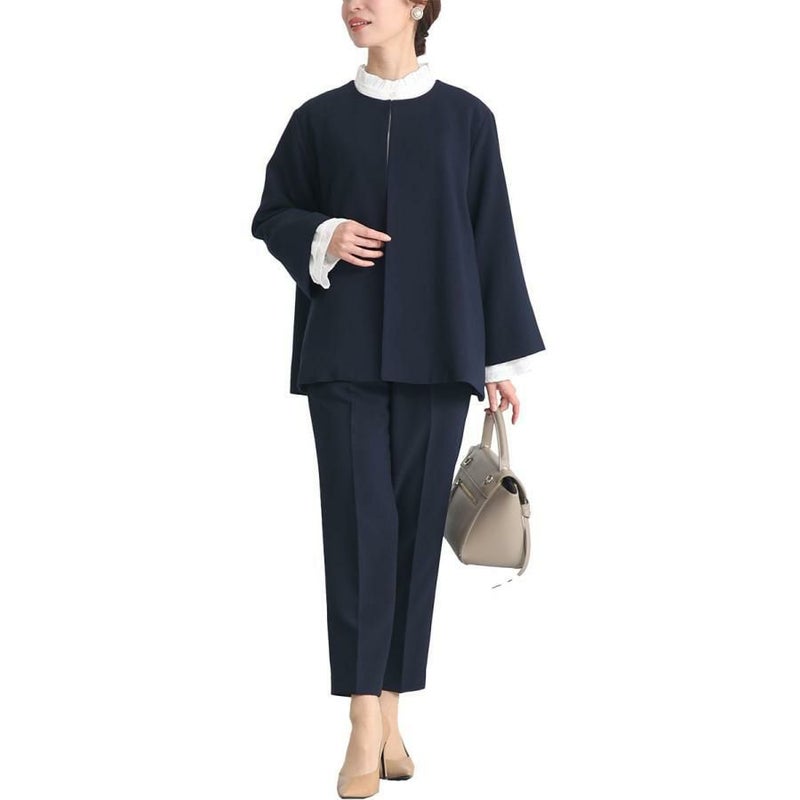 大きいサイズ レディース ノーカラージャケット＆フリルブラウス＆テーパードパンツスーツ3点セット　mnst-542238 ネイビー