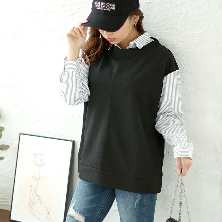 大きいサイズ レディース ストライプシャツフェイクプルオーバー　cpdai-658335 【メール便可】