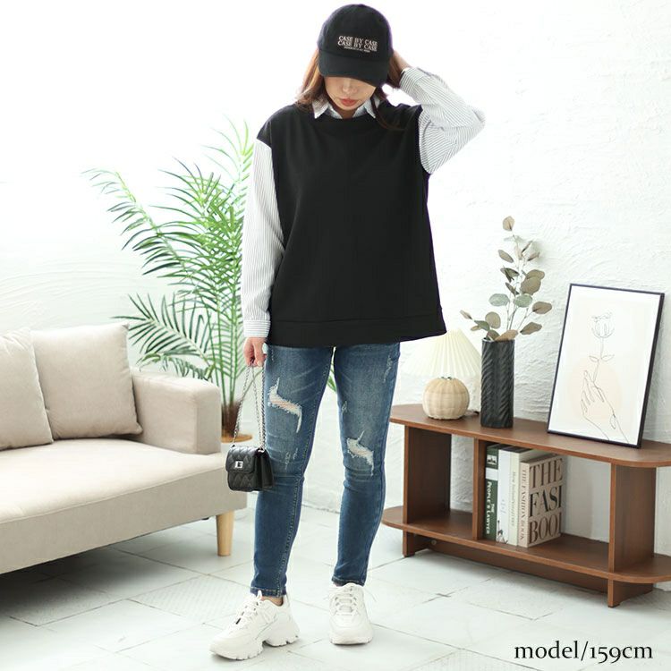 大きいサイズ レディース ストライプシャツフェイクプルオーバー　cpdai-658335 【メール便可】