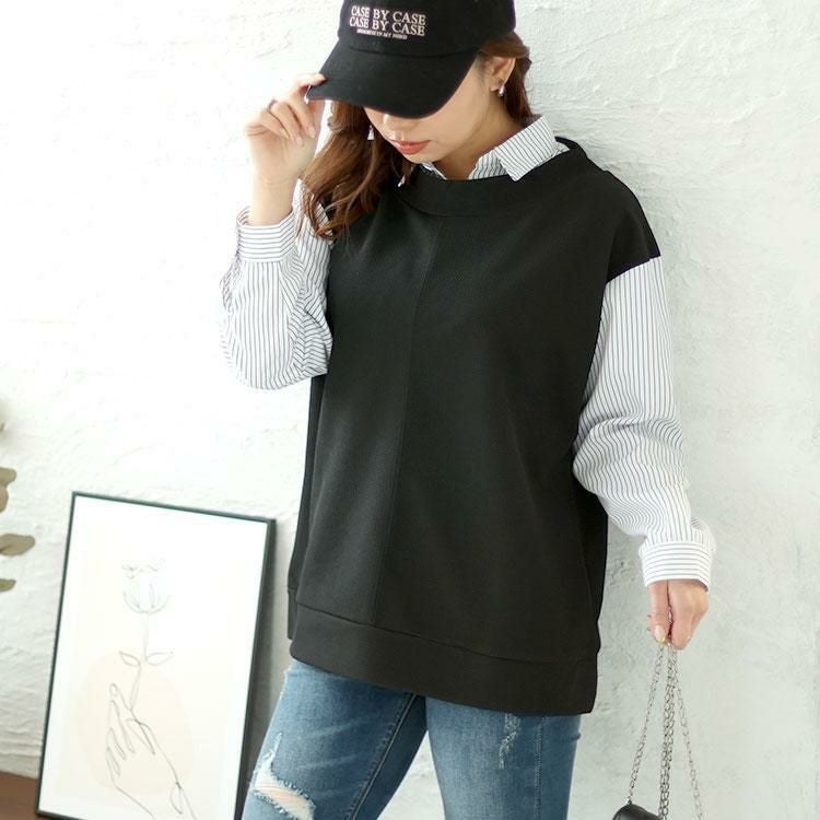 大きいサイズ レディース ストライプシャツフェイクプルオーバー　cpdai-658335 【メール便可】 ブラック