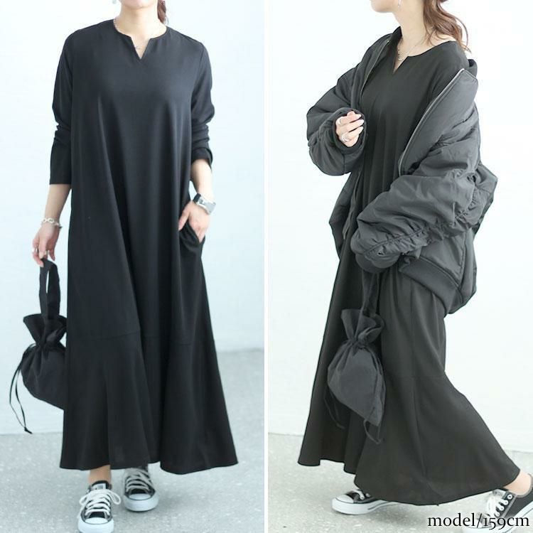 大きいサイズ レディース キーネックワッフルマーメイドワンピース　maru-6745 ブラック