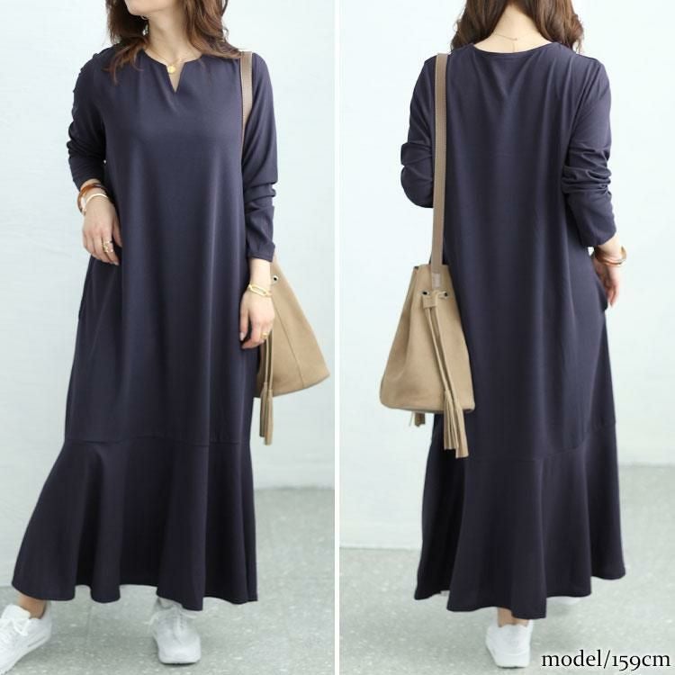 大きいサイズ レディース キーネックワッフルマーメイドワンピース　maru-6745 ネイビー